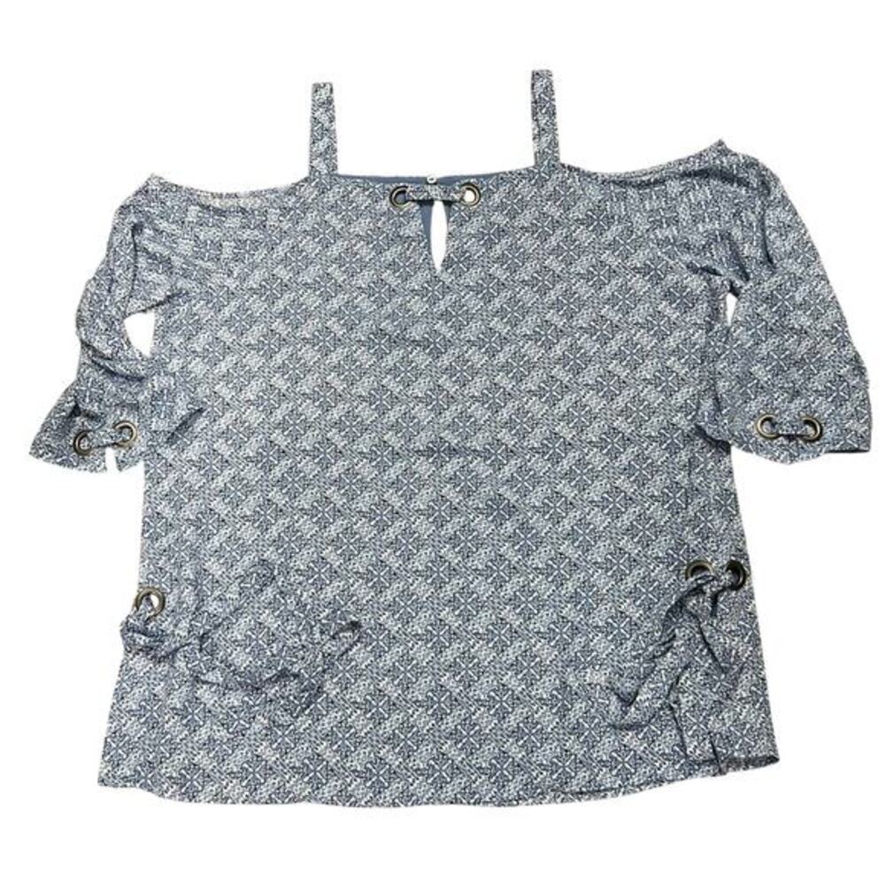 Laurie Felt Cold shoulder rivets tires blue print blouse NWOT Sz L